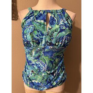 Ralph Lauren Swimsuit Tankini Top 16W Blue Green White Paisley Push Up One Piece